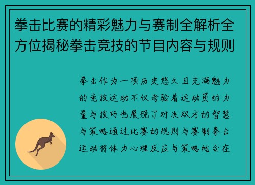 拳击比赛的精彩魅力与赛制全解析全方位揭秘拳击竞技的节目内容与规则