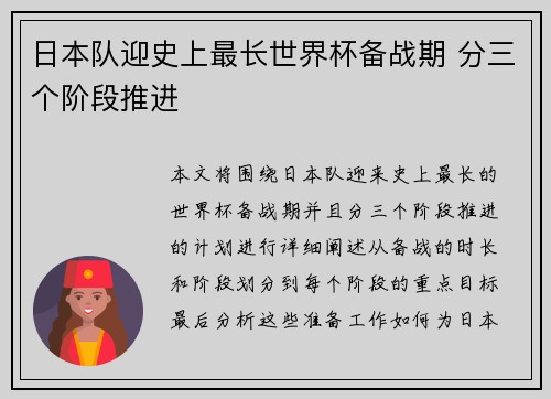 日本队迎史上最长世界杯备战期 分三个阶段推进