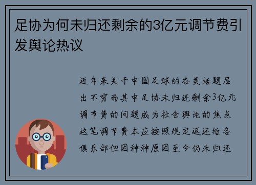 足协为何未归还剩余的3亿元调节费引发舆论热议